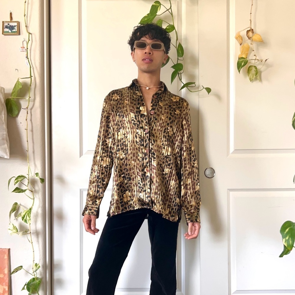 Vintage Gold & Black Leopard Print Silk Shirt - Picture 2 of 4